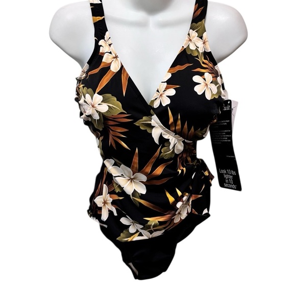Miraclesuit Black Floral Faux Wrap Slimming One Piece Swimsuit Sz 12 Lose 10#’s